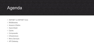 Agenda
• ASP.NET vs ASP.NET Core
• Middlewares
• Acesso à Dados
• Async/Await
• Cache
• Compressão
• Infraestrutura
• Micro Serviços
• API Gateway
 
