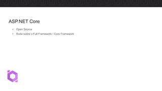 • Open Source
• Roda sobre o Full Framework / Core Framework
ASP.NET Core
 