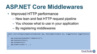 Where’s the AppSettings?
• Not relying on web.config anymore
• New configuration system based on key/value pairs:
– JSON files
– INI files
– XML files
– Environment variables
• Configuration can come from multiple resources
– Last resource wins
 