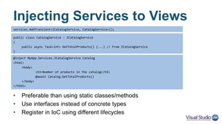 Last, but not Least, Tag Helpers
• Tag helpers are an alternative to HTML helpers
• Tag helpers look like regular HTML elements
• Instead of doing this:
• Do this:
• It’s the return of Web Controls, NOOOOOO!!!
@Html.ActionLink("Click me", "AnotherAction")
<a asp-action="AnotherAction">Click me</a>
 