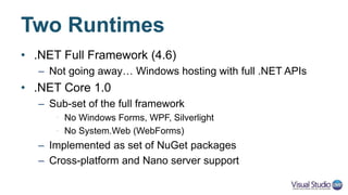 Two Runtimes
• .NET Full Framework (4.6)
– Not going away…
– Windows hosting with full .NET APIs
• .NET Core 1.0
– Subset of the full framework
• No Windows Forms, WPF, Silverlight
• No System.Web (WebForms)
– Implemented as set of NuGet packages
– Cross-platform and Nano server support
 