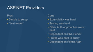 ASP.NET Providers 
Pros 
• Simple to setup 
• “Just works” 
Cons 
• Extensibility was hard 
• Testing was hard 
• Other Auth approaches were 
hard 
• Dependent on SQL Server 
• Profile was hard to query 
• Dependent on Forms Auth 
 
