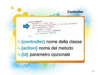 Controller




 {controller}nome della classe
 {action} nome del metodo
 {id} parametro opzionale



                                     11
 