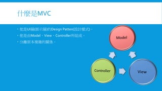 什麼是MVC
 他是UI層(展示層)的Design Patten(設計樣式)。
 他是由Model、View、Controller所組成。
 分離原本複雜的關係。

 