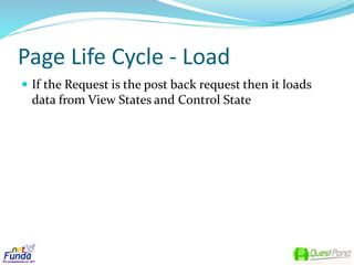 Page Life Cycle - Load
 If the Request is the post back request then it loads
data from View States and Control State
 