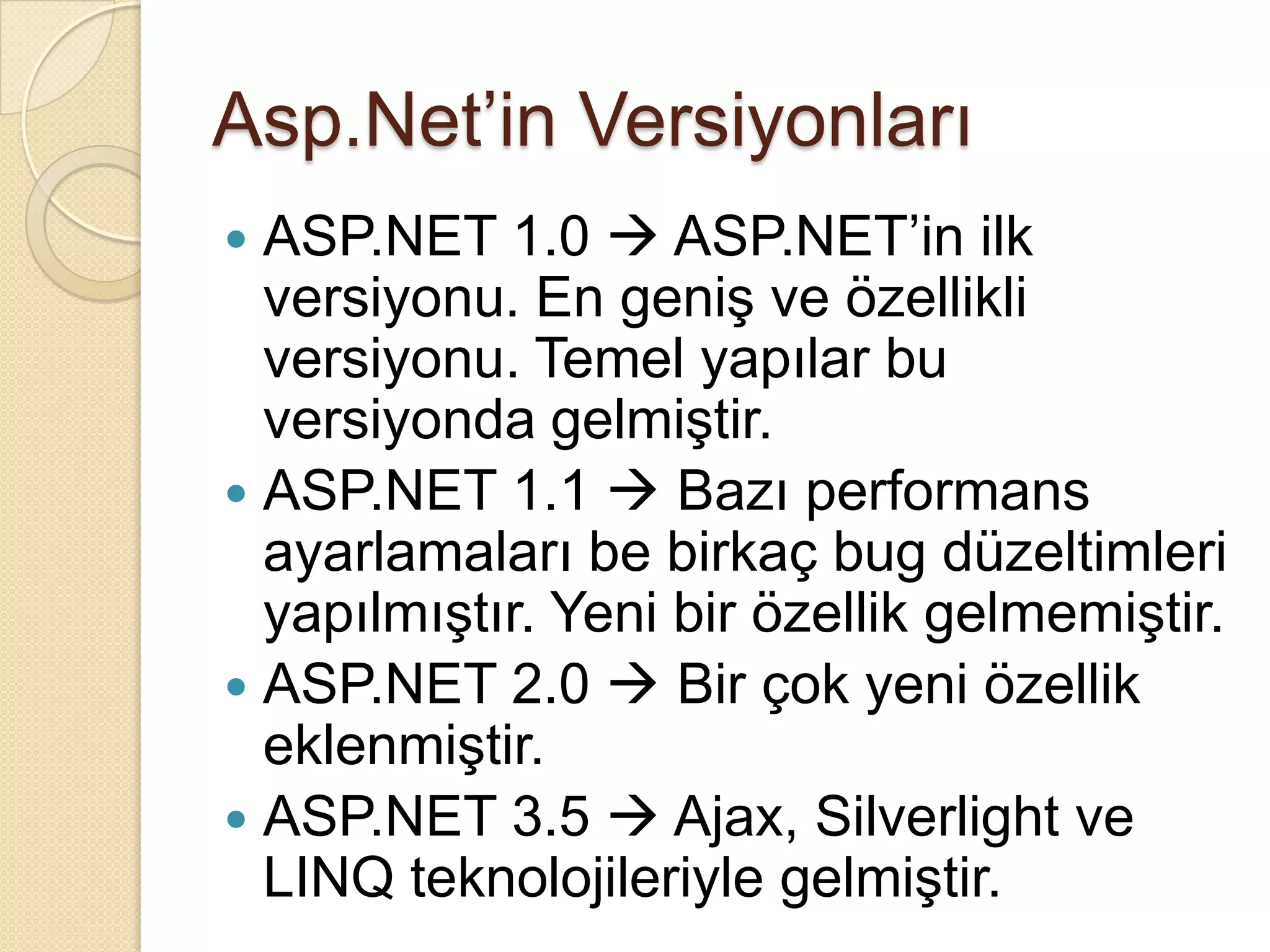 Asp.Net’in VersiyonlarıASP.NET 1.0  ASP.NET’in ilk versiyonu. En geniş ve özellikli versiyonu. Temel yapılar bu versiyonda gelmiştir.ASP.NET 1.1  Bazı performans ayarlamaları be birkaç bugdüzeltimleri yapılmıştır. Yeni bir özellik gelmemiştir.ASP.NET 2.0  Bir çok yeni özellik eklenmiştir. ASP.NET 3.5  Ajax, Silverlight ve LINQ teknolojileriyle gelmiştir.