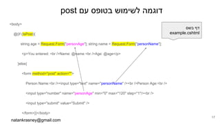 post ‫עם‬ ‫בטופס‬ ‫לשימוש‬ ‫דוגמה‬
<body>
@{if (IsPost){
string age = Request.Form["personAge"]; string name = Request.Form["personName"];
<p>You entered: <br />Name: @name <br />Age: @age</p>
}else{
<form method="post" action="">
Person Name:<br /><input type="text" name="personName" /><br />Person Age:<br />
<input type="number" name="personAge" min="0" max="120" step="1"/><br />
<input type="submit" value="Submit" />
</form>}}</body>
natankrasney@gmail.com
17
‫בשם‬ ‫דף‬
example.cshtml
 