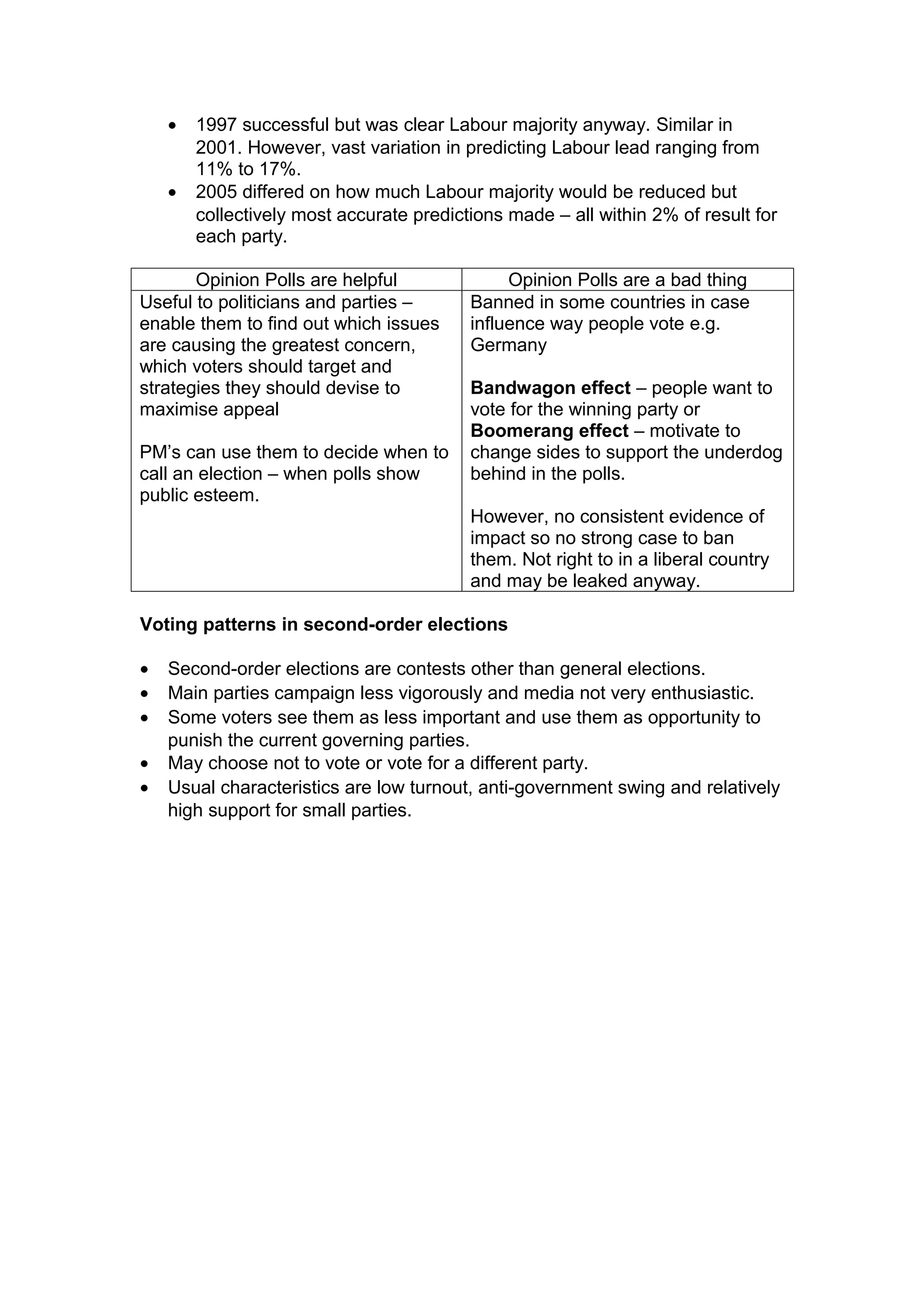 •   1997 successful but was clear Labour majority anyway. Similar in
        2001. However, vast variation in predicting Labour lead ranging from
        11% to 17%.
    •   2005 differed on how much Labour majority would be reduced but
        collectively most accurate predictions made – all within 2% of result for
        each party.

       Opinion Polls are helpful               Opinion Polls are a bad thing
Useful to politicians and parties –       Banned in some countries in case
enable them to find out which issues      influence way people vote e.g.
are causing the greatest concern,         Germany
which voters should target and
strategies they should devise to          Bandwagon effect – people want to
maximise appeal                           vote for the winning party or
                                          Boomerang effect – motivate to
PM’s can use them to decide when to       change sides to support the underdog
call an election – when polls show        behind in the polls.
public esteem.
                                          However, no consistent evidence of
                                          impact so no strong case to ban
                                          them. Not right to in a liberal country
                                          and may be leaked anyway.

Voting patterns in second-order elections

•   Second-order elections are contests other than general elections.
•   Main parties campaign less vigorously and media not very enthusiastic.
•   Some voters see them as less important and use them as opportunity to
    punish the current governing parties.
•   May choose not to vote or vote for a different party.
•   Usual characteristics are low turnout, anti-government swing and relatively
    high support for small parties.
 
