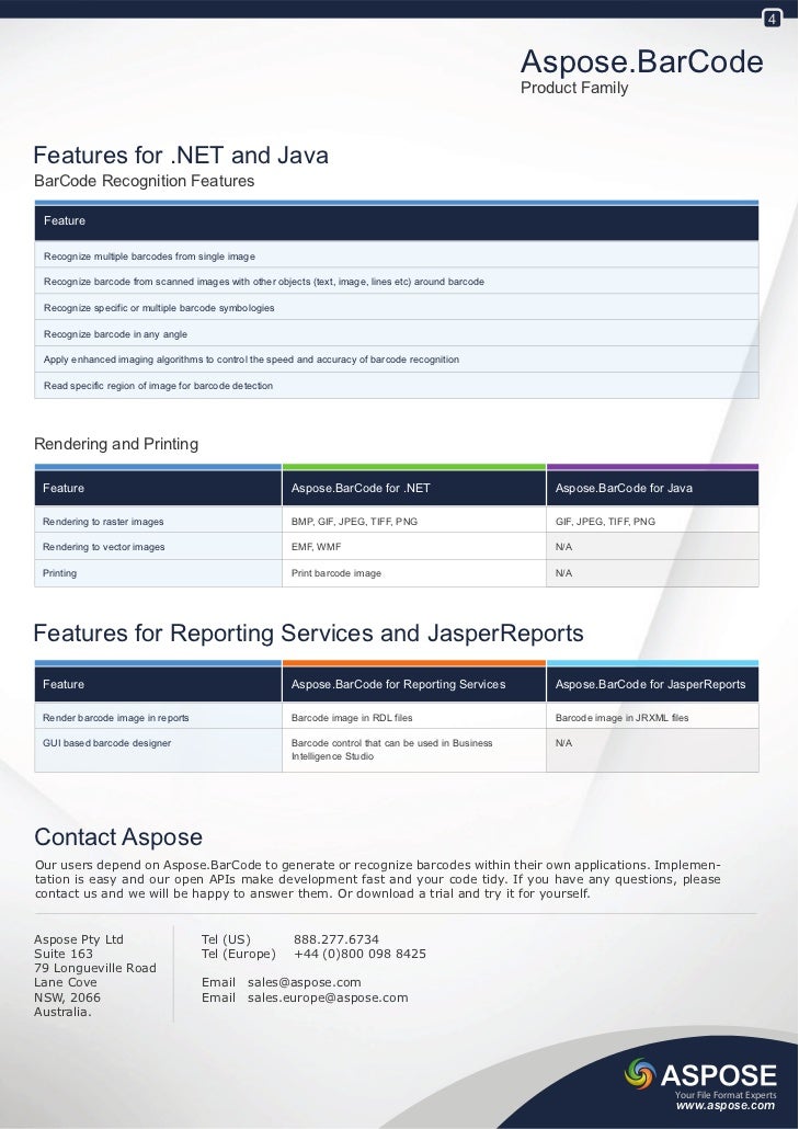 Aspose.Barcode Product Family Brochure