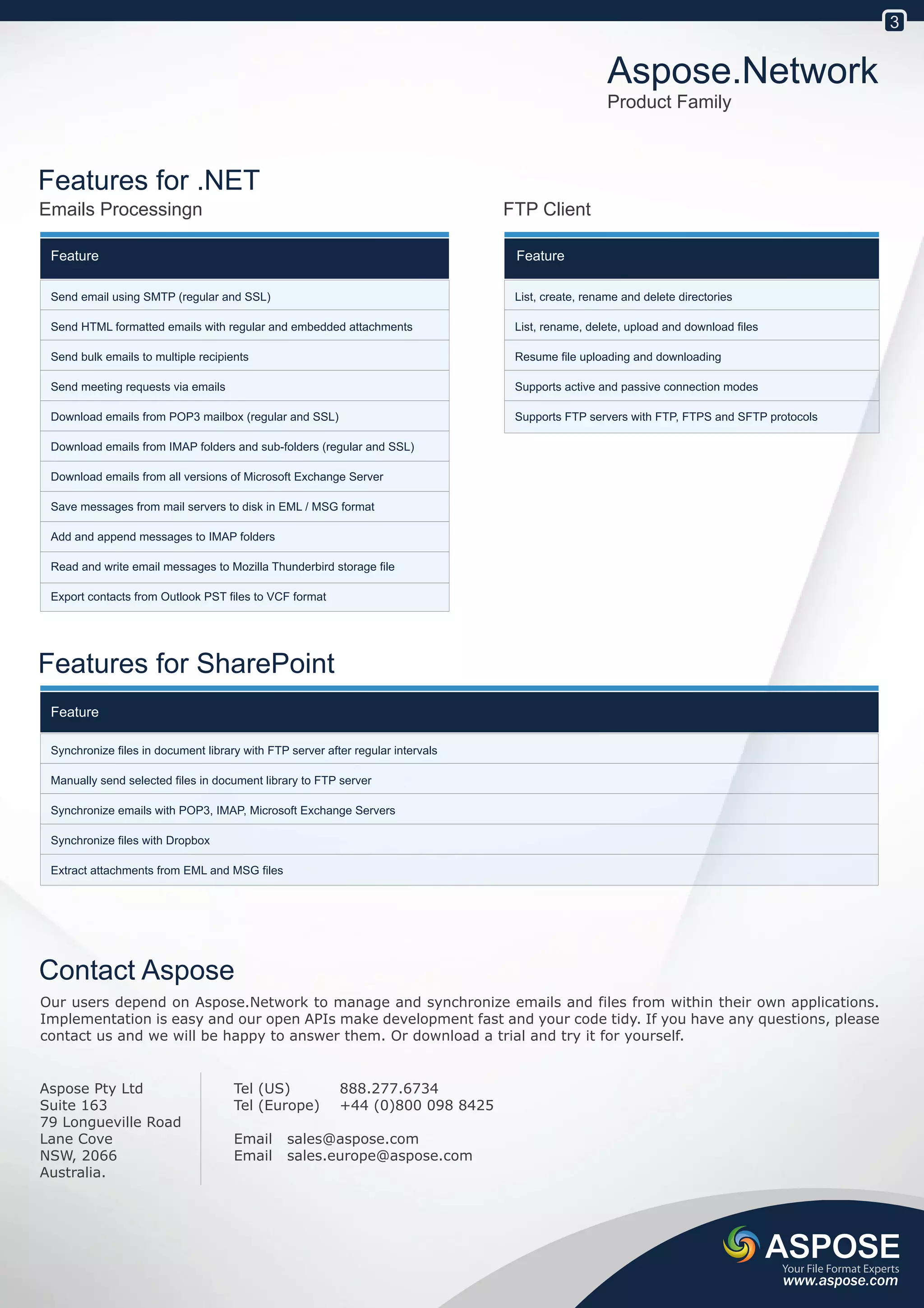 3


                                                                                                    Aspose.Network
                                                                                                    Product Family



Features for .NET
Emails Processingn                                                               FTP Client

 Feature                                                                          Feature

 Send email using SMTP (regular and SSL)                                          List, create, rename and delete directories

 Send HTML formatted emails with regular and embedded attachments                 List, rename, delete, upload and download files

 Send bulk emails to multiple recipients                                          Resume file uploading and downloading

 Send meeting requests via emails                                                 Supports active and passive connection modes

 Download emails from POP3 mailbox (regular and SSL)                              Supports FTP servers with FTP, FTPS and SFTP protocols

 Download emails from IMAP folders and sub-folders (regular and SSL)

 Download emails from all versions of Microsoft Exchange Server

 Save messages from mail servers to disk in EML / MSG format

 Add and append messages to IMAP folders

 Read and write email messages to Mozilla Thunderbird storage file

 Export contacts from Outlook PST files to VCF format




Features for SharePoint
 Feature

 Synchronize files in document library with FTP server after regular intervals

 Manually send selected files in document library to FTP server

 Synchronize emails with POP3, IMAP, Microsoft Exchange Servers

 Synchronize files with Dropbox

 Extract attachments from EML and MSG files




Contact Aspose
Our users depend on Aspose.Network to manage and synchronize emails and files from within their own applications.
Implementation is easy and our open APIs make development fast and your code tidy. If you have any questions, please
contact us and we will be happy to answer them. Or download a trial and try it for yourself.


Aspose Pty Ltd                       Tel (US)             888.277.6734
Suite 163                            Tel (Europe)         +44 (0)800 098 8425
79 Longueville Road
Lane Cove                            Email      sales@aspose.com
NSW, 2066                            Email      sales.europe@aspose.com
Australia.




                                                                                                                                    Your File Format Experts
                                                                                                                                    www.aspose.com
 