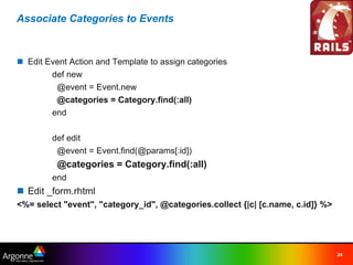 Associate Categories to Events



n Edit Event Action and Template to assign categories
        def new
          @event = Event.new
          @categories = Category.find(:all)
        end

        def edit
          @event = Event.find(@params[:id])
          @categories = Category.find(:all)
        end
n Edit _form.rhtml
<%= select "event", "category_id", @categories.collect {|c| [c.name, c.id]} %>




                                                                                 24
 