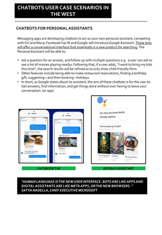 Social is changing
CHATBOTS USER CASE SCENARIOS IN
THE WEST
Messaging apps are developing chatbots to act as your own personal assistant, competing
with Siri andAlexa; Facebook has M and Google will introduceGoogle Assistant. These bots
will offer a conversational interface that essentially is a new product for searching.The
PersonalAssistant will be able to:
• ask a question for an answer, and follow up with multiple questions e.g. a user can ask to
see a list of movies playing nearby. Following that, if a user adds, “I want to bring my kids
this time”, the search results will be refined as to only show child-friendly films
• Other features include being able to make restaurant reservations, finding a birthday
gift, suggesting—and then booking—holidays.
• In short, as Google states about its assistant, the aim of these chatbots is for the user to:
Get answers, find information, and get things done without ever having to leave your
conversation. (or app)
FACEBOOK’S M GOOGLE ASSISTANT
“HUMAN LANGUAGE ISTHE NEW USER INTERFACE. BOTS ARE LIKE APPS AND
DIGITAL ASSISTANTS ARE LIKE META APPS,ORTHE NEW BROWSERS. “
SATYA NADELLA, CHIEF EXECUTIVE MICROSOFT
CHATBOTS FOR PERSONALASSISTANTS
 