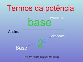 Termos da potência 
base 
Assim: 
25 
expoente 
Base 
expoente 
Lê-se dois elevado a cinco ou dois à quinta 
 