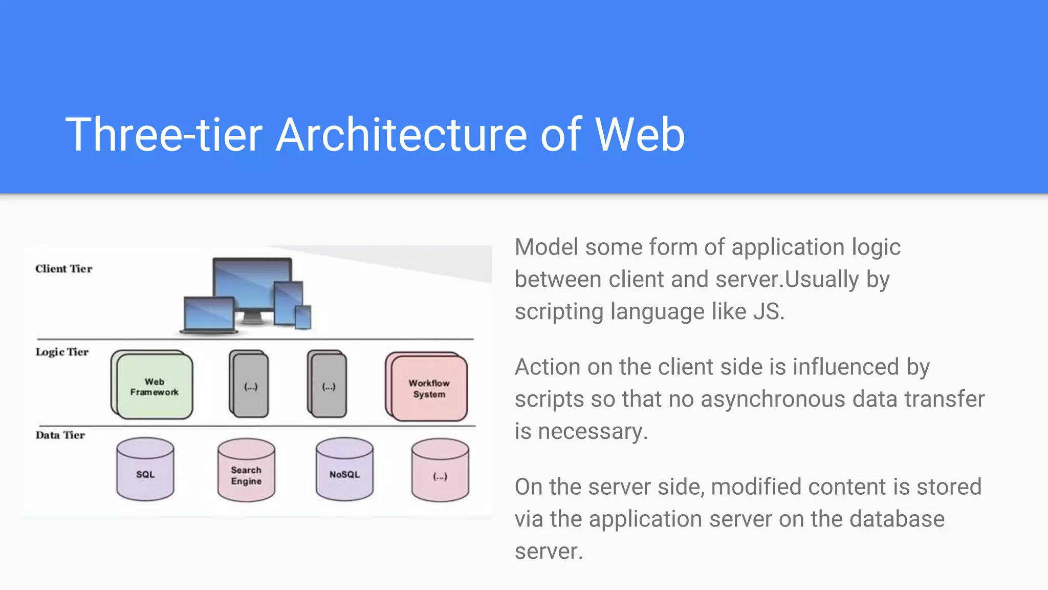 Three-tier Architecture of Web
Model some form of application logic
between client and server.Usually by
scripting language like JS.
Action on the client side is influenced by
scripts so that no asynchronous data transfer
is necessary.
On the server side, modified content is stored
via the application server on the database
server.
 