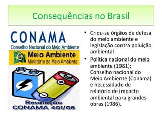 Consequências no BrasilConsequências no Brasil
• Criou-se órgãos de defesa
do meio ambiente e
legislação contra poluição
ambiental
• Política nacional do meio
ambiente (1981);
Conselho nacional do
Meio Ambiente (Conama)
e necessidade de
relatório de impacto
ambiental para grandes
obras (1986).
 