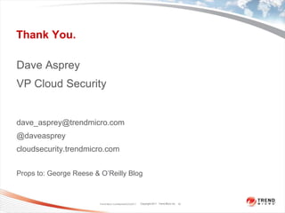Thank You. Dave AspreyVP Cloud Securitydave_asprey@trendmicro.com@daveaspreycloudsecurity.trendmicro.comProps to: George Reese & O’Reilly BlogTrend Micro Confidential3/23/201112