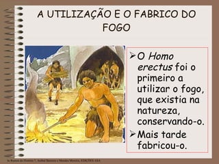 A UTILIZAÇÃO E O FABRICO DO FOGO In Rumos da História 7, Aníbal Barreira e Mendes Moreira, EDIÇÕES ASA O  Homo erectus  foi o primeiro a utilizar o fogo, que existia na natureza, conservando-o. Mais tarde fabricou-o. 