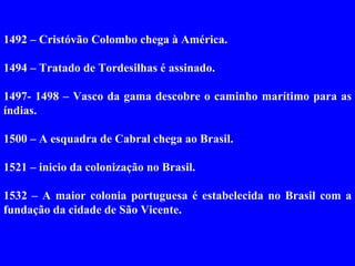 1492 – Cristóvão Colombo chega à América.

1494 – Tratado de Tordesilhas é assinado.

1497- 1498 – Vasco da gama descobre o caminho marítimo para as
índias.

1500 – A esquadra de Cabral chega ao Brasil.

1521 – inicio da colonização no Brasil.

1532 – A maior colonia portuguesa é estabelecida no Brasil com a
fundação da cidade de São Vicente.
 