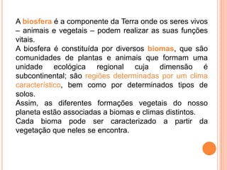 A biosfera é a componente da Terra onde os seres vivos
– animais e vegetais – podem realizar as suas funções
vitais.
A biosfera é constituída por diversos biomas, que são
comunidades de plantas e animais que formam uma
unidade ecológica regional cuja dimensão é
subcontinental; são regiões determinadas por um clima
característico, bem como por determinados tipos de
solos.
Assim, as diferentes formações vegetais do nosso
planeta estão associadas a biomas e climas distintos.
Cada bioma pode ser caracterizado a partir da
vegetação que neles se encontra.

 