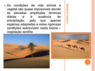 As condições de vida animal e
vegetal são quase impossíveis devido
às elevadas amplitudes térmicas
diárias
e
à
ausência
de
precipitação, pelo que apenas
espécies adaptadas a estas rigorosas
condições sobrevivem neste bioma –
vegetação xerófila.

DESERTO QUENTE



 