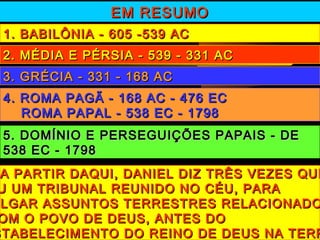 EM RESUMOEM RESUMO
1. BABILÔNIA - 605 -539 AC1. BABILÔNIA - 605 -539 AC
2. MÉDIA E PÉRSIA - 539 - 331 AC2. MÉDIA E PÉRSIA - 539 - 331 AC
3. GRÉCIA - 331 - 168 AC3. GRÉCIA - 331 - 168 AC
4. ROMA PAGÃ - 168 AC - 476 EC4. ROMA PAGÃ - 168 AC - 476 EC
ROMA PAPAL - 538 EC - 1798ROMA PAPAL - 538 EC - 1798
5. DOMÍNIO E PERSEGUIÇÕES PAPAIS - DE5. DOMÍNIO E PERSEGUIÇÕES PAPAIS - DE
538 EC - 1798538 EC - 1798
A PARTIR DAQUI, DANIEL DIZ TRÊS VEZES QUEA PARTIR DAQUI, DANIEL DIZ TRÊS VEZES QUE
U UM TRIBUNAL REUNIDO NO CÉU, PARAU UM TRIBUNAL REUNIDO NO CÉU, PARA
ULGAR ASSUNTOS TERRESTRES RELACIONADOLGAR ASSUNTOS TERRESTRES RELACIONADO
OM O POVO DE DEUS, ANTES DOOM O POVO DE DEUS, ANTES DO
STABELECIMENTO DO REINO DE DEUS NA TERRSTABELECIMENTO DO REINO DE DEUS NA TERR
 