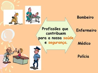 Bombeiro
Profissões que
Enfermeiro
contribuem
para a nossa saúde
e segurança.
Médico
Polícia

 