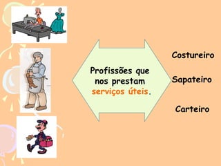 Costureiro
Profissões que
nos prestam
serviços úteis.

Sapateiro
Carteiro

 