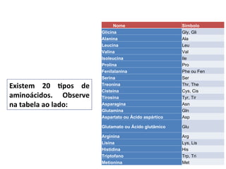 Nome Símbolo
Glicina Gly, Gli
Alanina Ala
Leucina Leu
Valina Val
Isoleucina Ile
Prolina Pro
Fenilalanina Phe ou Fen
Serina Ser
Treonina Thr, The
Cisteina Cys, Cis
Tirosina Tyr, Tir
Asparagina Asn
Glutamina Gln
Aspartato ou Ácido aspártico Asp
Glutamato ou Ácido glutâmico Glu
Arginina Arg
Lisina Lys, Lis
Histidina His
Triptofano Trp, Tri
Metionina Met
Existem 20 tipos de
aminoácidos. Observe
na tabela ao lado:
 