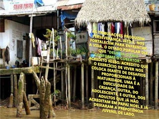 AS TRIBULAÇÕES PRODUZEM PERSEVERANÇA, ISTO É, NOS FORTALECEM PARA ENFRENTAR A VIDA. O DITADO POPULAR DIZ QUE "DEUS DÁ O FRIO CONFORME O COBERTOR". ACREDITO NISSO. ACREDITO QUE O EXERCÍCIO DE VIVER NOS COLOCA DIANTE DE DESAFIOS PROPORCIONAIS À MATURIDADE. UMA É A DIFICULDADE DA CRIANÇA, OUTRA, DO ADOLESCENTE, E OUTRA, DOS ADULTOS QUE JÁ NÃO ACREDITAM EM PAPAI NOEL E JÁ DEIXARAM A PREPOTÊNCIA JUVENIL DE LADO. 