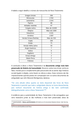 As Provas da Existência de Deus Página 192
A tabela a seguir detalha o número de manuscritos do Novo Testamento:
Gregos Unciais 306
Minúsculas 2.764
Lecionários 2.143
Papiros 88
Achados recentes 47
Vulgata Latina Mais de 10.000
Etiópico Mais de 2.000
Eslavônico 4.101
Armênio 2.587
Versão Siríaca (Peshita) Mais de 350
Copta 100
Árabe 75
Versão Velha Latina 50
Anglo-Saxônico 7
Gótico 6
Sogdiano 3
Siríaco Antigo 2
Medo-Persa 2
Frâncico 1
A conclusão é óbvia: o Novo Testamento é o documento antigo mais bem
preservado da história da humanidade. Discorrer contra isso é lutar contra os
fatos, movido pura e simplesmente pelo preconceito de se aceitar algo histórico
se está ligado à religião, como fazem os céticos e ateus. Esses números são tão
impressionantes quando postos em comparação com os outros documentos da
antiguidade que John Warwick Montgomery declarou:
“Ter uma atitude cética quanto ao texto disponível dos livros do Novo
Testamento é permitir que toda a antigüidade clássica se torne desconhecida,
pois nenhum documento da história antiga é tão bem confirmado
bibliograficamente como o Novo Testamento”140
A evidência para a autenticidade do Novo Testamento é tão esmagadora que
seria necessário juntar as dez melhores e mais bem preservadas obras da
140 MONTGOMERY, History and Christianity (A História eo Cristianismo).Downers Grove: Inter-Varsity,
1971.
 