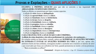Provas e Expiações – QUAIS AFLIÇÕES ?
EXAMINA A PRÓPRIA AFLIÇÃO para que não se converta a tua inquietude EM
ARRASADORA TEMPESTADE EMOTIVA.
Todas as aflições se caracterizam por tipos e nomes especiais.
A aflição do vício chama-se delinquência.
A aflição da agressividade chama-se cólera.
A aflição do fanatismo chama-se intolerância.
A aflição da inveja chama-se despeito.
A aflição da brutalidade chama-se violência.
A aflição da preguiça chama-se rebeldia.
A aflição da inutilidade chama-se queixa.
A aflição do ciúme chama-se desespero.
A aflição da impaciência chama-se intemperança.
A aflição da injustiça chama-se crueldade.
CADA CRIATURA TEM AAFLIÇÃO QUE LHE É PRÓPRIA.
A aflição do reino doméstico e da esfera profissional, do raciocínio e do sentimento…
Os corações unidos ao Sumo Bem, contudo, sabem que SUPORTAR AS AFLIÇÕES MENORES
DA ESTRADA É EVITAR AS AFLIÇÕES MAIORES DA VIDA e, por isso, apenas eles,
anônimos heróis da luta cotidiana, conseguem receber e acumular em si mesmos os talentos de amor
e paz reservados por Jesus aos sofredores da Terra, quando pronunciou no monte a divina promessa:
— “Bem-aventurados os aflitos!”
Emmanuel – Religião dos Espíritos – Cap. 10 – Examina a própria Aflição
 