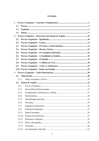 i
SUMÁRIO
1 Provas e Expiações – Conceitos e Fundamentos ............................................................1
1.1 Provas...........................................................................................................................1
1.2 Expiação.......................................................................................................................3
1.3 Síntese ..........................................................................................................................5
2 Provas e Expiações – Entrevista com Joanna de Angelis ............................................10
2.1 Provas e Expiações – Significado.............................................................................10
2.2 Provas e Expiações – Causas....................................................................................12
2.3 Provas e Expiações – O Carma e o Determinismo.................................................14
2.4 Provas e Expiações – Morais e Físicas ....................................................................15
2.5 Provas e Expiações – O Verdadeiro Infortúnio .....................................................16
2.6 Provas e Expiações – A Fatalidade na Família ......................................................18
2.7 Provas e Expiações – O Suicídio..............................................................................19
2.8 Provas e Expiações – A Aflição em Você ................................................................20
2.9 Provas e Expiações – A Dor e o Sofrimento ...........................................................22
2.10 Provas e Expiações – Dentro da Família ................................................................25
3 Provas e Expiações – Visões Doutrinárias ....................................................................28
3.1 Allan Kardec .............................................................................................................28
3.1.1 Sobre a Expiação e a Prova ................................................................................28
3.2 Joanna de Angelis .....................................................................................................32
3.2.1 Provas e Expiações.............................................................................................32
3.2.2 Necessidade da Reencarnação............................................................................35
3.2.3 Considerando o Sofrimento e a Aflição .............................................................37
3.2.4 Dor Benfeitora....................................................................................................39
3.2.5 Aprendizagem pela Dor......................................................................................41
3.2.6 Provações............................................................................................................43
3.2.7 Sequelas do Sofrimento......................................................................................45
3.2.8 Sofrimento Reparador ........................................................................................47
3.2.9 Serão Consolados ...............................................................................................49
3.2.10 Funções do Sofrimento.......................................................................................51
3.2.11 Infortúnios e Bênçãos.........................................................................................55
3.2.12 Dores e Resignação ............................................................................................58
3.2.13 Provações............................................................................................................60
3.2.14 Inconformismo e Revolta ...................................................................................62
 