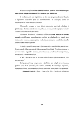 54
Mas essaconquista,nãosetenham dúvidas,ocorreu através dadorque
asprojetou aospatamares mais elevados em que transitam.
O conhecimento do Espiritismo e das suas propostas de amor faculta
o equilíbrio necessário para os enfrentamentos da evolução, como se
apresentem no transcurso da existência.
Oferecendo coragem e bom ânimo, demonstra que tudo obedece à
planificação divina e que não cai uma folha da árvore que não seja pela vontade
de Deus, conforme asseverou Jesus.
Utilizar-se do recurso valioso do sofrimento para lapidar as arestas
morais, modificando a conduta para melhor e trabalhando os metais dos
sentimentos para servir e conquistar o infinito das emoções, constitui o desafio
quetodosdevemconquistar.
A fim de exemplificar que não existem exceções nas planificações divinas,
Jesus, que não tinha quaisquer dívidas perante a Consciência Cósmica, veio amar e
experimentar a ingratidão humana, submetendo-se ao holocausto com paciência,
misericórdia e amor inexcedíveis.
A Sua é a lição de que se ao ramo verde foi feito aquilo, que não se fará
ao ramo seco?
Enriquecendo-te de compreensão e de lógica em relação ao sofrimento,
permite que ele te conduza pelo estreito caminho da renovação espiritual,
submetendo-te aos seus impositivos de que resultarão a tua paz e a tua plenitude.
Joanna de Angelis – Jesus e Vida – Cap. 30 – Funções do Sofrimento
 