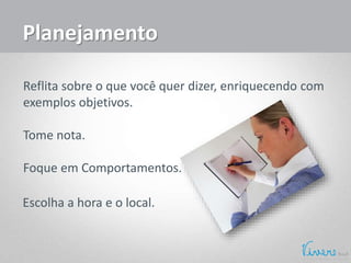 Planejamento
Reflita sobre o que você quer dizer, enriquecendo com
exemplos objetivos.
Tome nota.
Foque em Comportamentos.
Escolha a hora e o local.
 