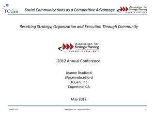 Social Communications as a Competitive Advantage


                Resetting Strategy, Organization and Execution Through Community




                                    2012 Annual Conference

                                        Jeanne Bradford
                                        @jeannebradford
                                           TCGen, Inc
                                         Cupertino, CA


                                               May 2012

April 8, 2013                           www.tcgen.com - @jeannebradford            1
 