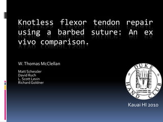 Knotless flexor tendon repair using a barbed suture: An ex vivo comparison.  W. Thomas McClellan Matt Schessler David Ruch L. Scott Levin Richard Goldner Kauai HI 2010 