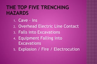 THE TOP FIVE TRENCHING
HAZARDS
1. Cave – ins
2. Overhead Electric Line Contact
3. Falls into Excavations
4. Equipment Falling into
Excavations
5. Explosion / Fire / Electrocution
 