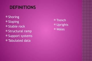 DEFINITIONS
 Shoring
 Sloping
 Stable rock
 Structural ramp
 Support systems
 Tabulated data
 Trench
 Uprights
 Wales
 