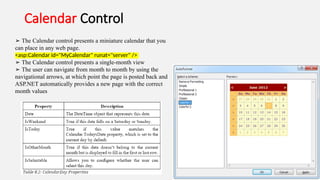 Calendar Control
➢ The Calendar control presents a miniature calendar that you
can place in any web page.
<asp:Calendar id="MyCalendar" runat="server" />
➢ The Calendar control presents a single-month view
➢ The user can navigate from month to month by using the
navigational arrows, at which point the page is posted back and
ASP.NET automatically provides a new page with the correct
month values
 