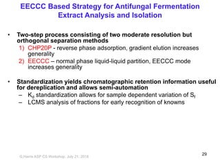EECCC Based Strategy for Antifungal Fermentation
Extract Analysis and Isolation
• Two-step process consisting of two moderate resolution but
orthogonal separation methods
1) CHP20P - reverse phase adsorption, gradient elution increases
generality
2) EECCC – normal phase liquid-liquid partition, EECCC mode
increases generality
• Standardization yields chromatographic retention information useful
for dereplication and allows semi-automation
– Kd standardization allows for sample dependent variation of Sf
– LCMS analysis of fractions for early recognition of knowns
G,Harris ASP CS Workshop, July 21, 2018
29
 