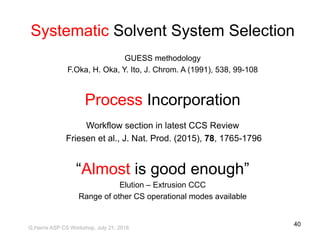 Systematic Solvent System Selection
GUESS methodology
F.Oka, H. Oka, Y. Ito, J. Chrom. A (1991), 538, 99-108
Process Incorporation
Workflow section in latest CCS Review
Friesen et al., J. Nat. Prod. (2015), 78, 1765-1796
“Almost is good enough”
Elution – Extrusion CCC
Range of other CS operational modes available
G,Harris ASP CS Workshop, July 21, 2018
40
 