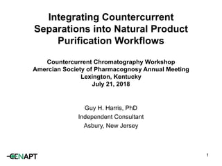 Integrating Countercurrent
Separations into Natural Product
Purification Workflows
Countercurrent Chromatography Workshop
Amercian Society of Pharmacognosy Annual Meeting
Lexington, Kentucky
July 21, 2018
Guy H. Harris, PhD
Independent Consultant
Asbury, New Jersey
1
 