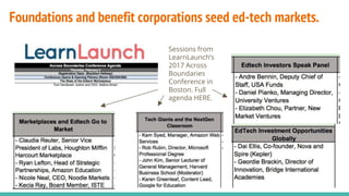 Foundations and benefit corporations seed ed-tech markets.
Sessions from
LearnLaunch’s
2017 Across
Boundaries
Conference in
Boston. Full
agenda HERE.
 