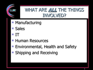WHAT ARE  ALL  THE THINGS INVOLVED? Manufacturing Sales IT Human Resources Environmental, Health and Safety Shipping and Receiving 