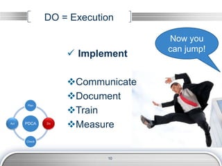 DO = Execution
10
PDCA
Plan
Do
Check
Act
 Implement
Communicate
Document
Train
Measure
Now you
can jump!
 