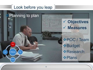 Look before you leap
Planning to plan
9
PDCA
Plan
Do
Check
Act
 Objectives
 Measures
POC / Team
Budget
Research
Plans
 