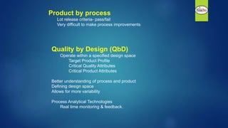 Quality by Design (QbD)
Operate within a specified design space
Target Product Profile
Critical Quality Attributes
Critical Product Attributes
Better understanding of process and product
Defining design space
Allows for more variability
Process Analytical Technologies
Real time monitoring & feedback.
Product by process
Lot release criteria- pass/fail
Very difficult to make process improvements
 