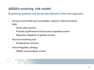 22
ASQA’s evolving risk model
• Annual environmental scan (consultation, research, internal & external
data)
o Sector wide...