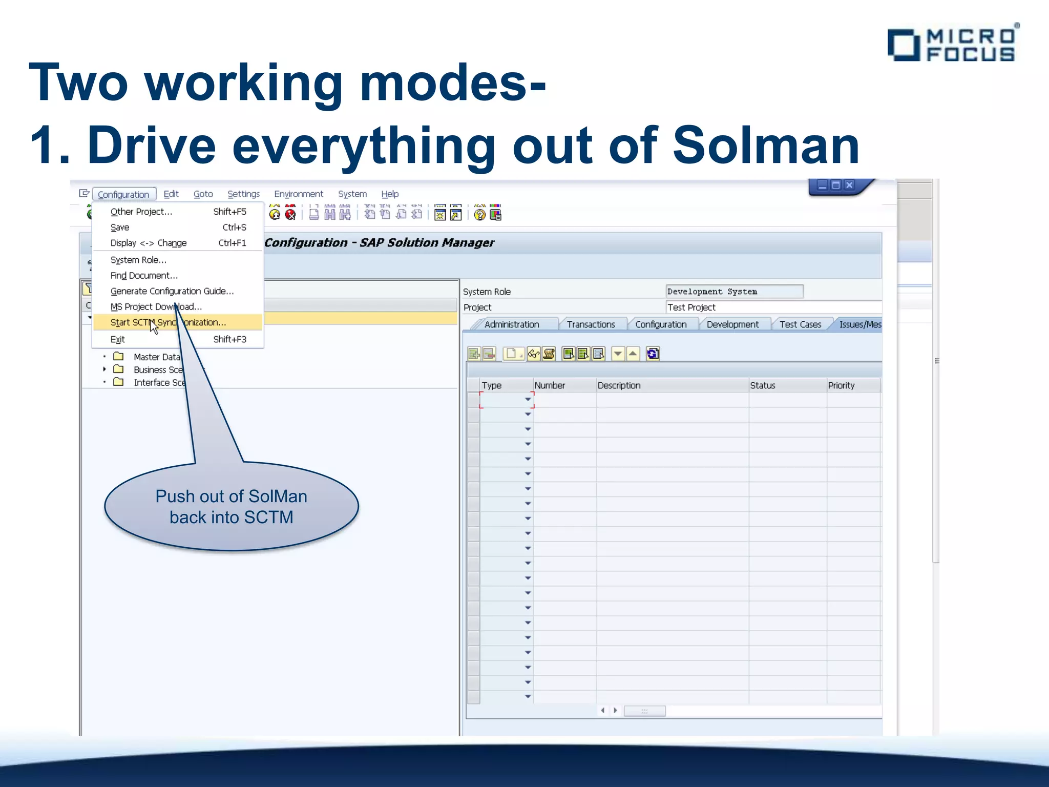 Two working modes-
1. Drive everything out of Solman




     Push out of SolMan
      back into SCTM
 