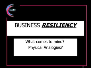 BUSINESS  RESILIENCY What comes to mind?  Physical Analogies? 